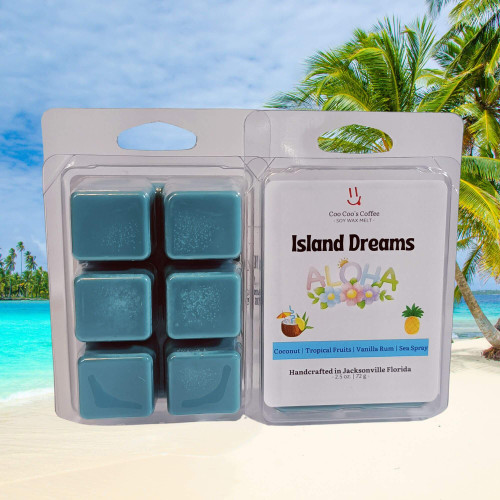 "Island Dreams Wax Melt displayed on a sunny beach backdrop – ocean breeze, island florals, and paradise vibes by Candles by Christie."