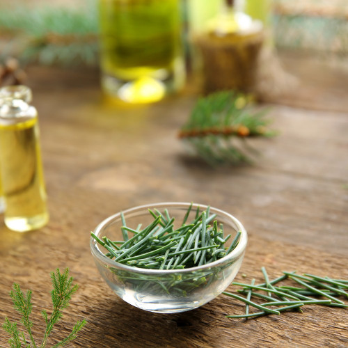 Fir needles and essential oils on rustic wooden table for Wood Stock wax melt scent inspiration