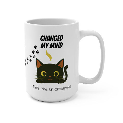 White Catitude Check mug with black cat illustration and Changed My Mind text