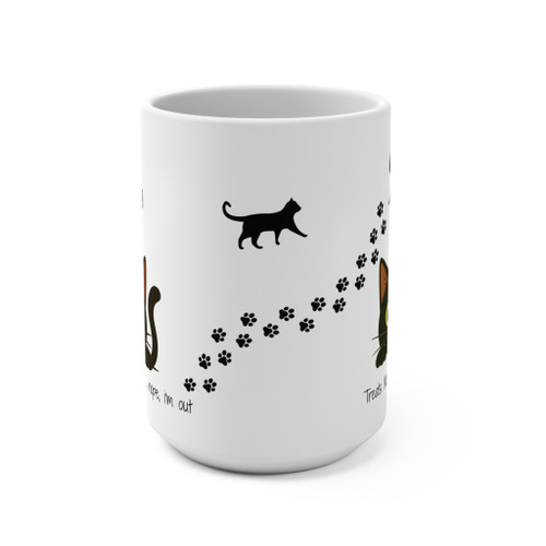 Side view of Catitude Check mug showing black cat silhouette and paw prints wrapping around