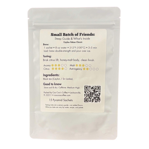 Back label of Ceylon Pekoe Classic tea showing brew guide, tasting notes and ingredients.