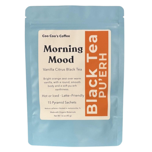 Morning Mood vanilla citrus black tea with pu’erh in a blue Coo Coo’s Coffee pouch – 15 pyramid sachets.