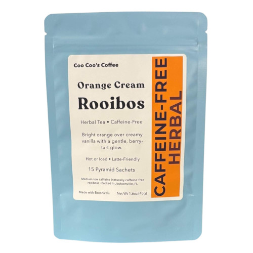 Orange Cream Rooibos herbal tea pouch – caffeine-free rooibos with citrus and vanilla from Coo Coo’s Coffee, 15 pyramid sachets.