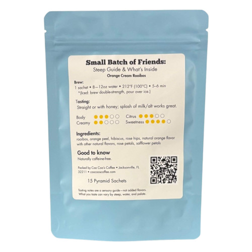 Back label of Orange Cream Rooibos tea showing steep guide, tasting notes and ingredients.