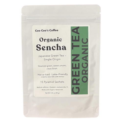 Organic Sencha Japanese green tea in white pouch – Coo Coo’s Coffee, 15 pyramid sachets.