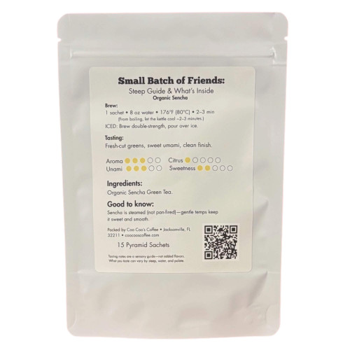 Back label of Organic Sencha tea showing steep guide, tasting notes and ingredients.