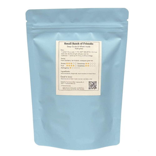 Back label of Walking Bass green tea showing steep guide, tasting notes and ingredients.