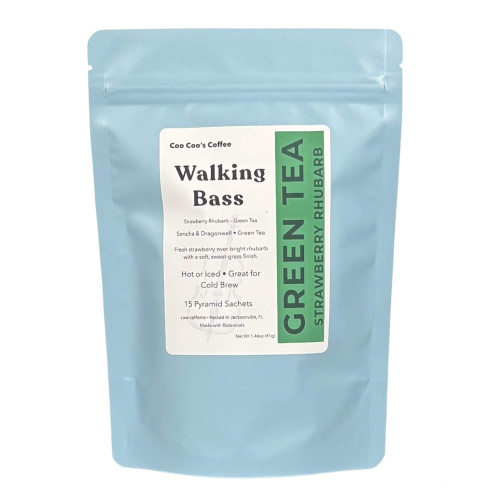 Walking Bass — box of pyramid sachets, green tea from Coo Coo’s Coffee