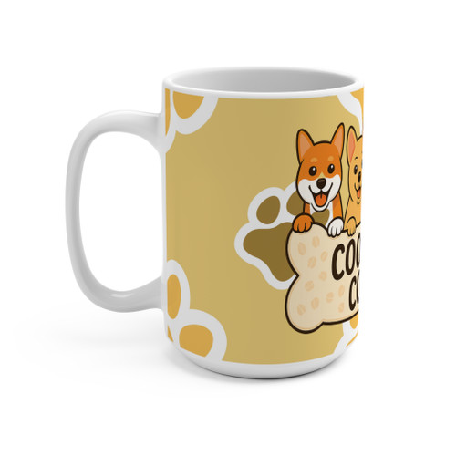 Side view of Coo Coo’s Coffee dog bone mug showing corgi and paw print pattern