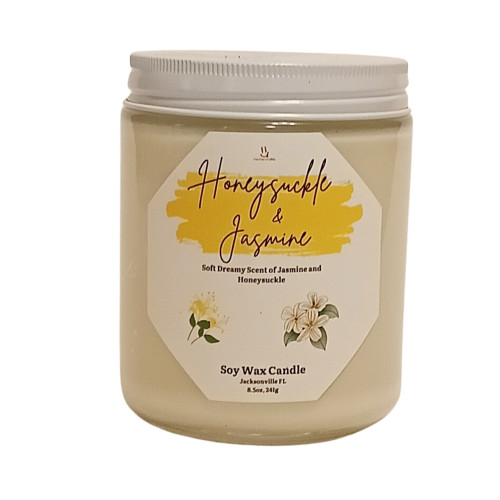 Honeysuckle & Jasmine jar candle with soft floral label and elegant packaging – Coo Coo’s Coffee