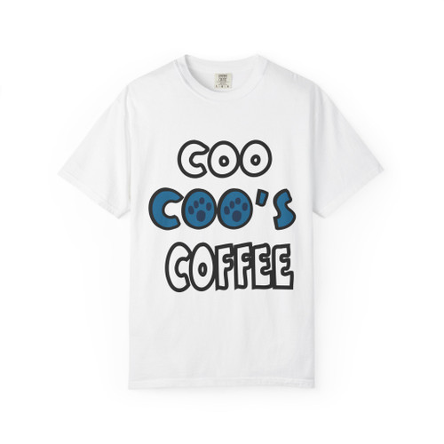 The Brew Crew Tee featuring the Coo Coo’s Coffee logo with paw-print O’s – perfect for coffee lovers and pet parents. White front print