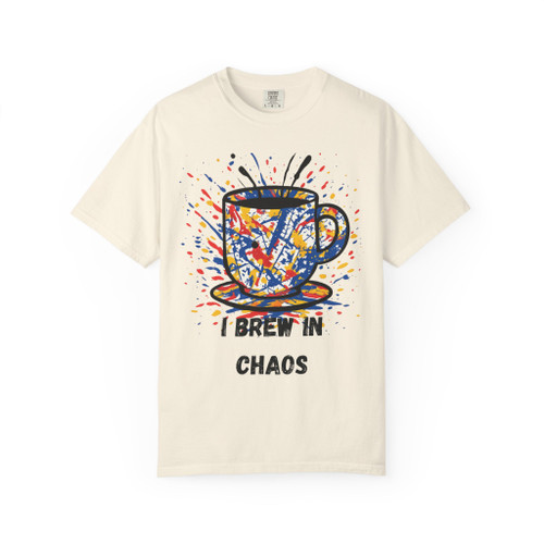 Chaos Brew Tee in Ivory – artsy abstract coffee shirt with vibrant paint-splatter design, relaxed unisex fit.