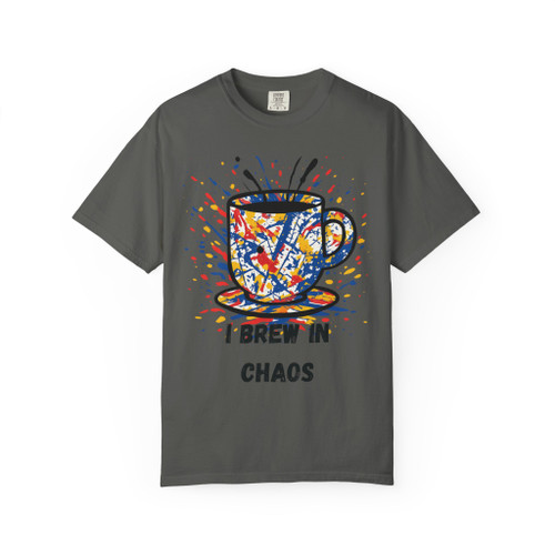 Chaos Brew Tee in Pepper – dark grey backdrop highlights colorful splatter & sip artwork, edgy abstract coffee shirt.