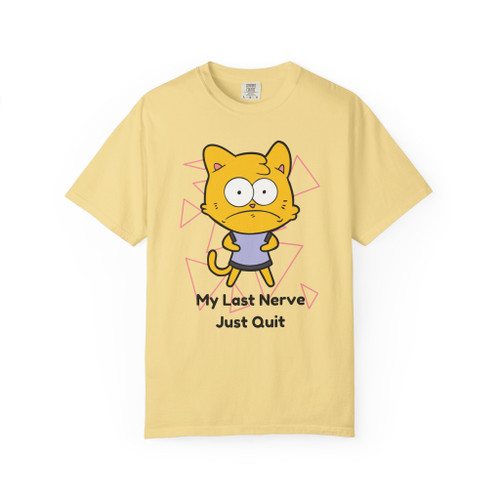 Stressed Kitty shirt with wide-eyed cartoon cat and text “My Last Nerve Just Quit” – Coo Coo’s Coffee tee. Butter front print