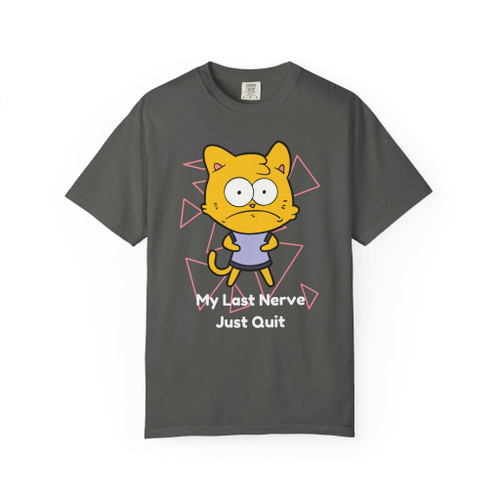 ark pepper grey Stressed Kitty t-shirt with bold graphic and humor-driven “My Last Nerve Just Quit” design.