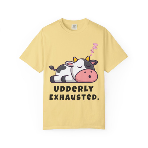 Udderly Exhausted – Sleepy Cow Coffee Tee in butter yellow, funny cow coffee graphic tee by Coo Coo’s Coffee.