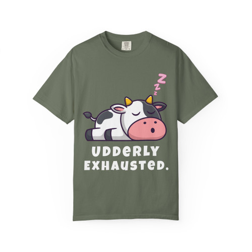 Udderly Exhausted – Sleepy Cow Coffee Tee in moss green, sleepy cow graphic coffee shirt by Coo Coo’s Coffee.