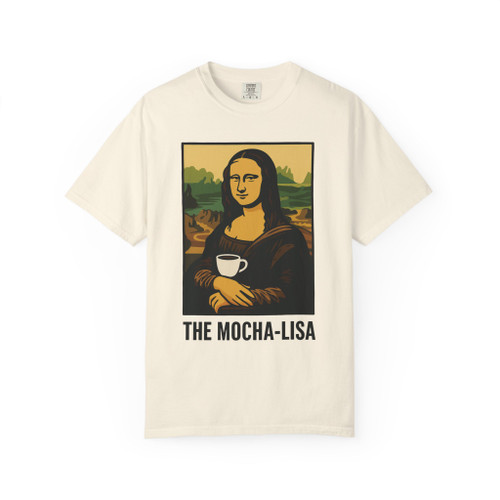 Mocha Lisa Coffee Art Tee in Ivory, artistic Mona Lisa design holding a coffee cup, unisex fit by Coo Coo’s Coffee.