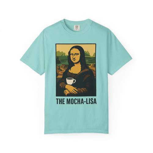Mocha Lisa Coffee Art Tee in Chalky Mint, cool fresh vibe with coffee and art humor, unisex fit by Coo Coo’s Coffee.