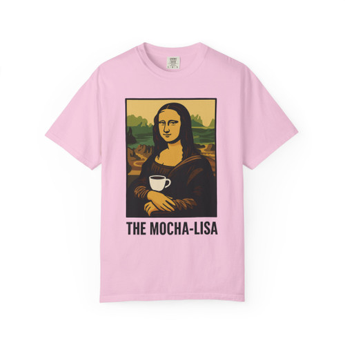 Mocha Lisa Coffee Art Tee in Blossom, pastel pink coffee humor tee featuring Mona Lisa sipping coffee, unisex by Coo Coo’s Coffee.