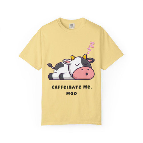 Butter yellow tee with adorable cow graphic and coffee humor slogan – Caffeinate Me, Moo shirt by Coo Coo’s Coffee.