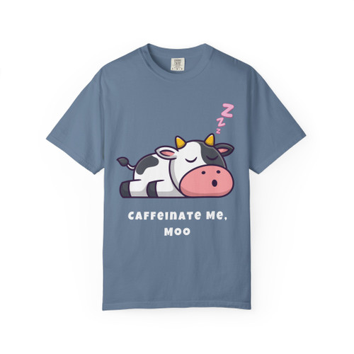 Blue jean tee highlighting cute cow asleep design with coffee humor – Cow Lover’s Coffee Tee by Coo Coo’s Coffee.