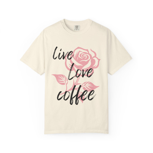 Petal & Pour tee shirt featuring pink rose graphic and live love coffee script – Coo Coo’s Coffee women’s floral brew shirt. Ivory front print