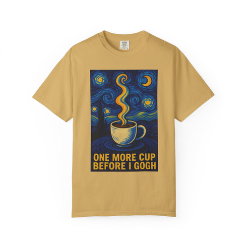 One More Cup Before I Gogh tee featuring Van Gogh-inspired art with coffee cup and swirling sky – Coo Coo’s Coffee artist shirt. Mustard front print