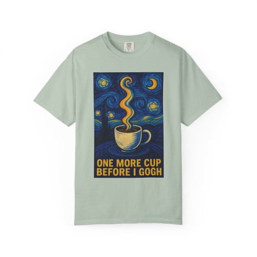 One More Cup Before I Gogh – Artist’s Blend Tee in Bay green by Coo Coo’s Coffee, vibrant coffee art shirt for artistic brew vibes.