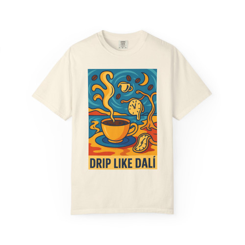 Drip Like Dalí – Surrealist Coffee Tee by Coo Coo’s Coffee in ivory, featuring a surreal melting clock and steaming coffee cup inspired by Salvador Dalí.