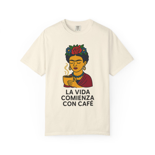 La Vida Comienza con Café Tee in White – Frida-inspired morning coffee shirt by Coo Coo’s Coffee.