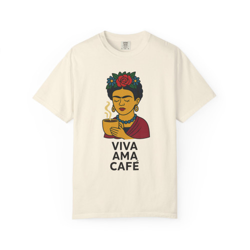 Frida-inspired Viva Ama Café Tee in ivory, blending art and coffee culture for a stylish everyday look.