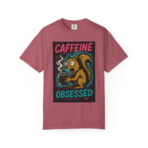 Caffeine Obsessed – Squirrel Mode Activated Tee in crimson, vibrant squirrel design, by Coo Coo’s Coffee.