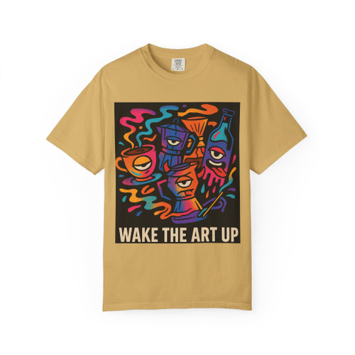 "Black modern coffee art t-shirt featuring the eye-catching ‘Wake the Art Up’ design for bold brewers by Coo Coo’s Coffee."