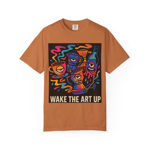"Yam orange coffee art tee with the colorful ‘Wake the Art Up’ abstract caffeine-inspired print by Coo Coo’s Coffee."