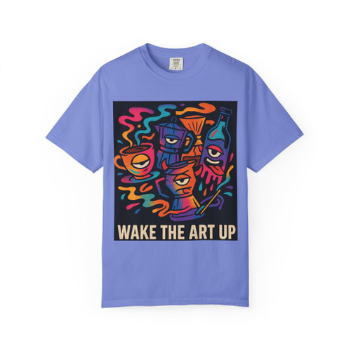 "Flo blue coffee lovers tee showing the ‘Wake the Art Up’ caffeinated expressionism artwork, bold and artistic, by Coo Coo’s Coffee."