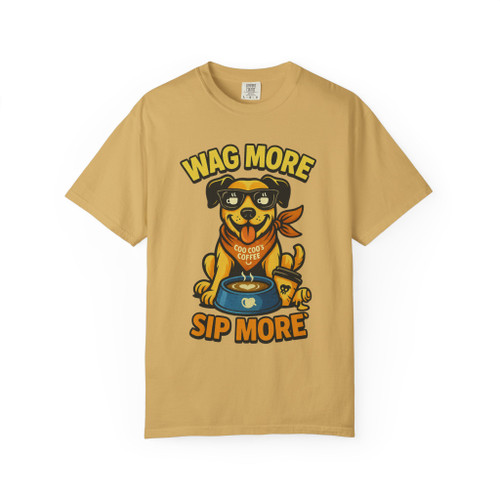 Mustard yellow Drip Dawg Tee – Coffee Pup Edition from Coo Coo’s Coffee, coffee dog graphic with fun, caffeine-fueled vibes.