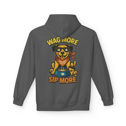 Charcoal hoodie with bold “Wag More, Sip More” Coffee Pup graphic by Coo Coo’s Coffee, casual hoodie with coffee dog artwork for coffee lovers.