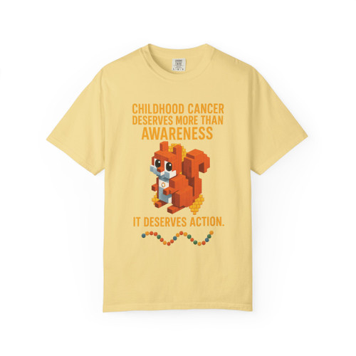 It Deserves Action t-shirt – Childhood cancer tribute shirt with bravery bead trail and Lego-style squirrel by Coo Coo’s Coffee, butter front print