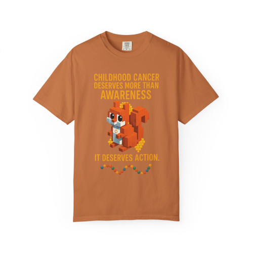 White “It Deserves Action” Childhood Cancer Bravery Bead Tribute Tee by Coo Coo’s Coffee – unisex awareness shirt with pixel squirrel, golden ribbon, and colorful bravery bead trail.