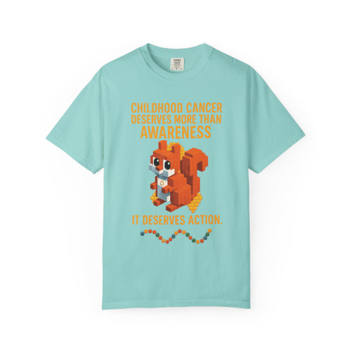 Chalky Mint Childhood Cancer Bravery Bead Tribute Tee – It Deserves Action squirrel and gold ribbon awareness shirt by Coo Coo’s Coffee.