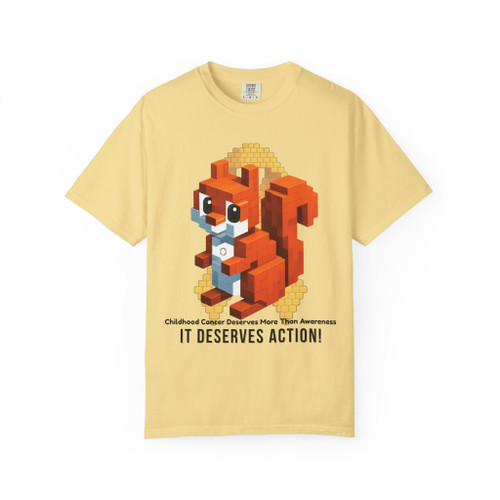 It Deserves Action t-shirt – Childhood cancer awareness tee with Lego squirrel tribute design by Coo Coo’s Coffee, butter front print
