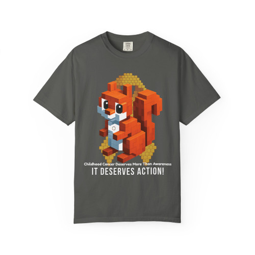 Dark pepper-grey tee showcasing a pixel squirrel graphic holding coffee with a gold ribbon backdrop and “It Deserves Action” slogan – Childhood Cancer Awareness Shirt by Coo Coo’s Coffee.
