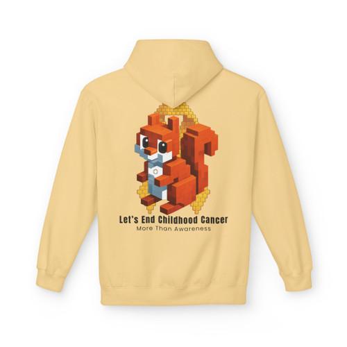 Yellow Haze “Let’s Be the Action” Childhood Cancer Tribute Hoodie by Coo Coo’s Coffee, bright awareness apparel with pixel squirrel graphic.