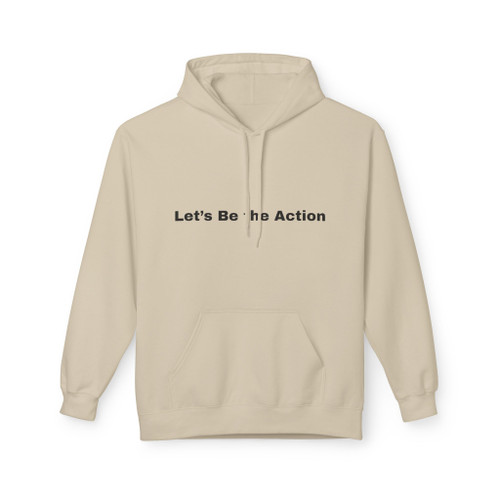 Sand-colored Childhood Cancer Tribute Hoodie by Coo Coo’s Coffee, featuring pixel squirrel design and “Let’s Be the Action” slogan for awareness and support. front graphic