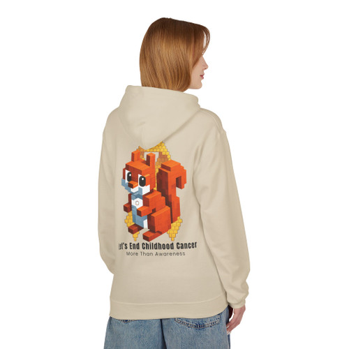 Sand-colored Childhood Cancer Tribute Hoodie by Coo Coo’s Coffee, featuring pixel squirrel design and “Let’s Be the Action” slogan for awareness and support. model back view