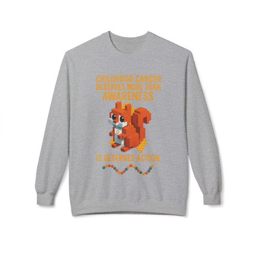 Sport Grey “It Deserves Action – Childhood Cancer Tribute Sweatshirt” by Coo Coo’s Coffee. Bold pixel squirrel and childhood cancer awareness ribbon graphic. Perfect blend of comfort and cause.