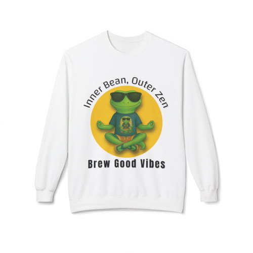 Brew Good Vibes Sweatshirt – Zen Gecko Bert meditating with coffee by Coo Coo’s Coffee White