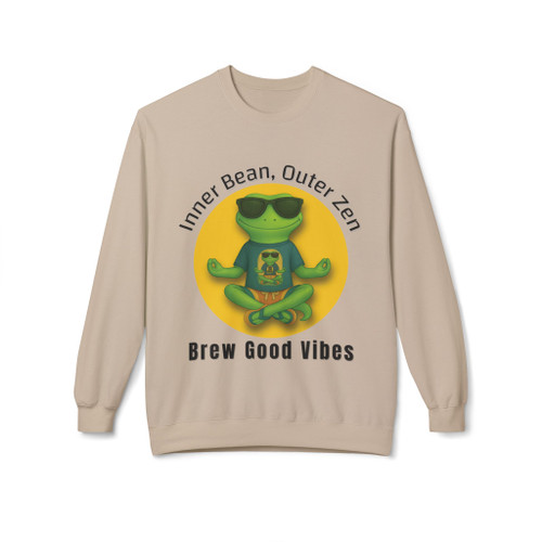 Brew Good Vibes Sweatshirt – Zen Gecko Bert meditating with coffee by Coo Coo’s Coffee Sand