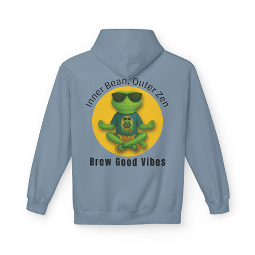 Stone blue hoodie showcasing Coo Coo’s Coffee zen graphic. Features meditating gecko Bert in a peaceful pose with “Inner Bean. Outer Zen. Brew Good Vibes” text.